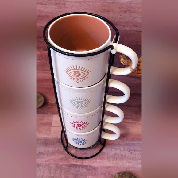 SALE! NWT Boho Evil Eye Set Stackable Coffee Mugs/Tea Cups Metal Organizer Stand - Picture 5 of 16